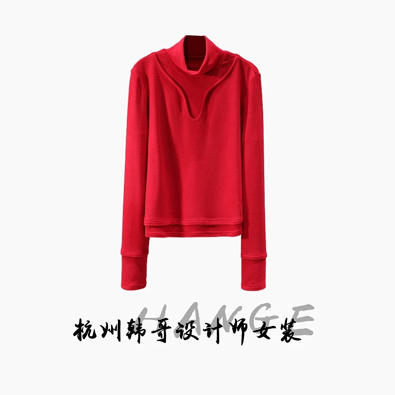 【韩哥欧货女装】冬季高领加绒德绒《胭脂红》高弹显瘦打底上衣260129