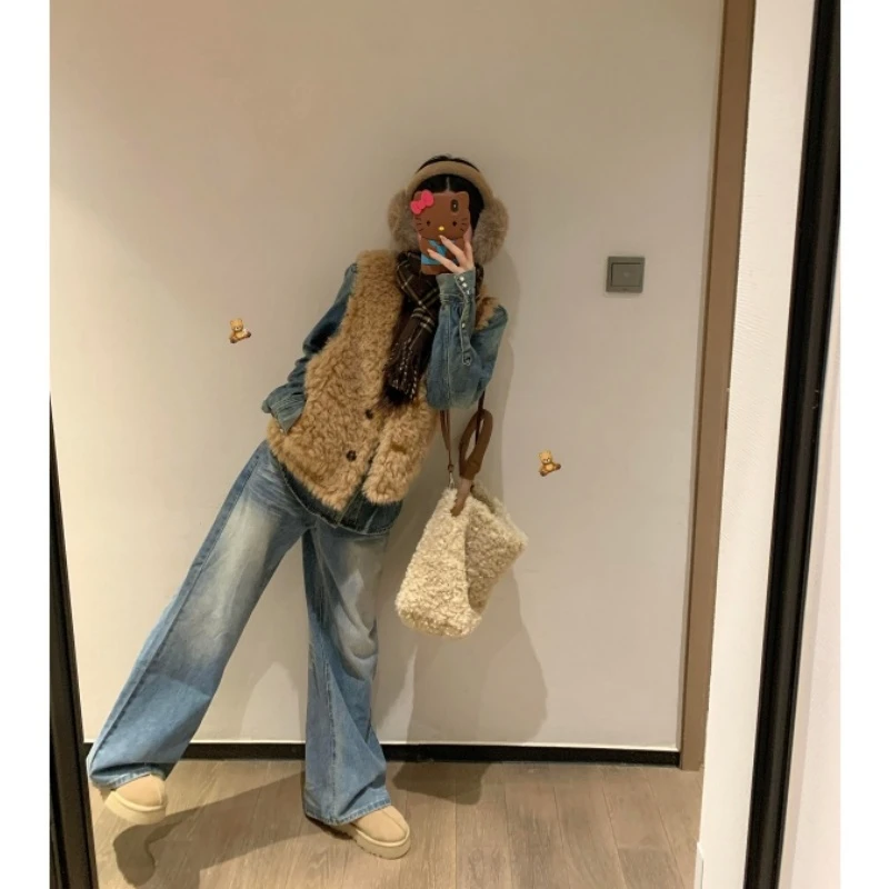 MARIE.COCO秋冬新款韩系毛绒马甲内搭修身显瘦牛仔上衣阔腿裤套装