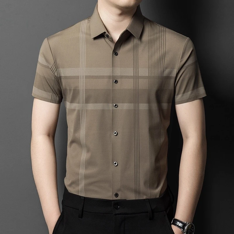 男士薄款冰丝短袖夏季商务休闲无痕衬衫衬衣中年韩版男装宽松寸衫