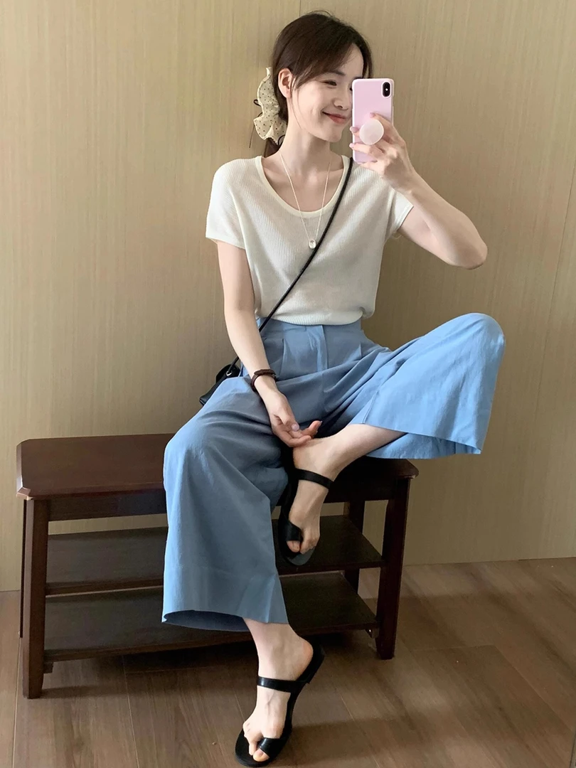 2025超火夏装一整套装女时尚百搭减龄正肩针织短袖胖mm显瘦阔腿裤