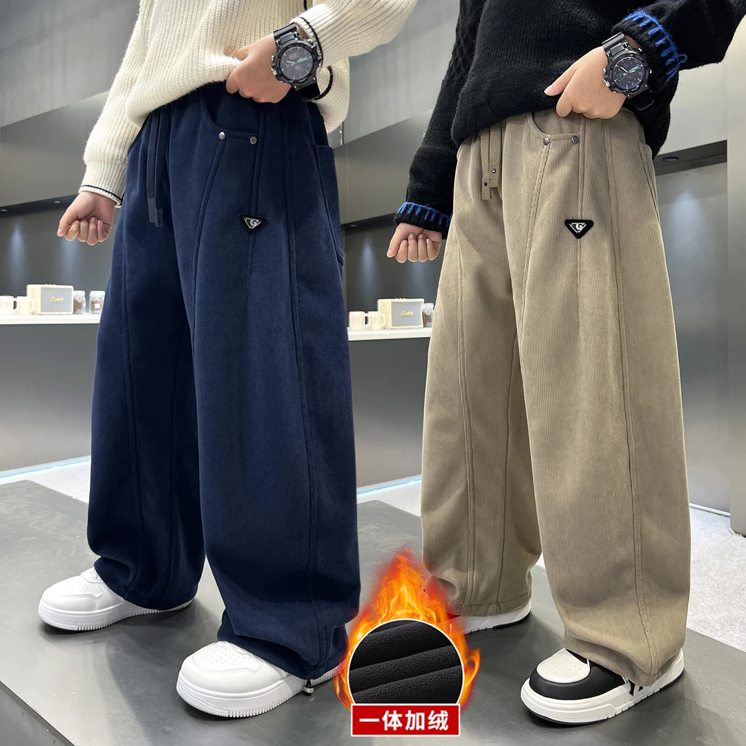 男童加绒裤子冬季宽松2025中大童休闲韩版长裤儿童加厚条绒保暖潮