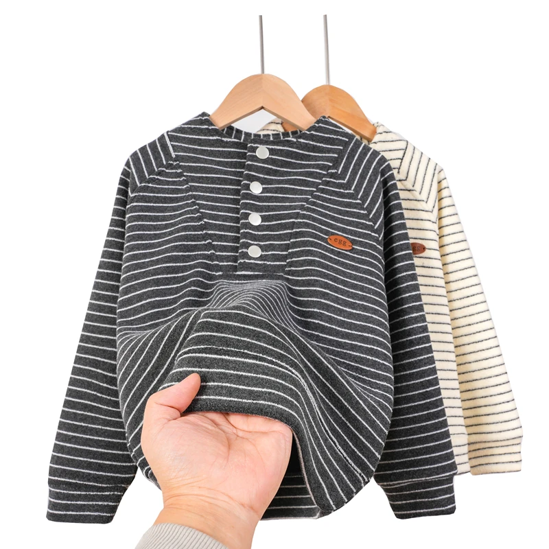 儿童加绒卫衣半开领冬季新款2024男女童加厚圆领衫上衣一体绒条纹