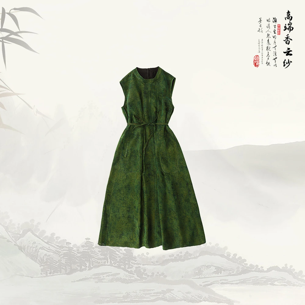 品牌新款香云纱新中式老前风宽松复古长款无袖连衣裙52507