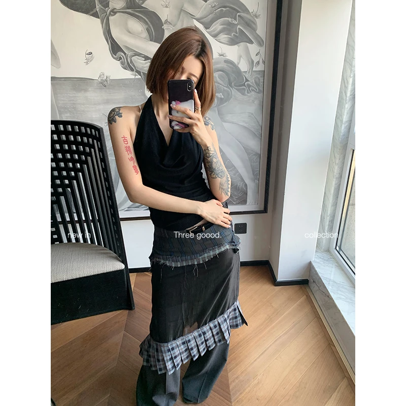 THREE GOOOD/三吉格子拼接欧根纱半裙Y725G01944