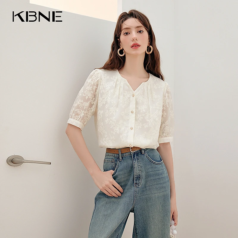 KBNE独特衬衫白衬衫女夏季薄款法式蕾丝镂空七分袖上衣740641368