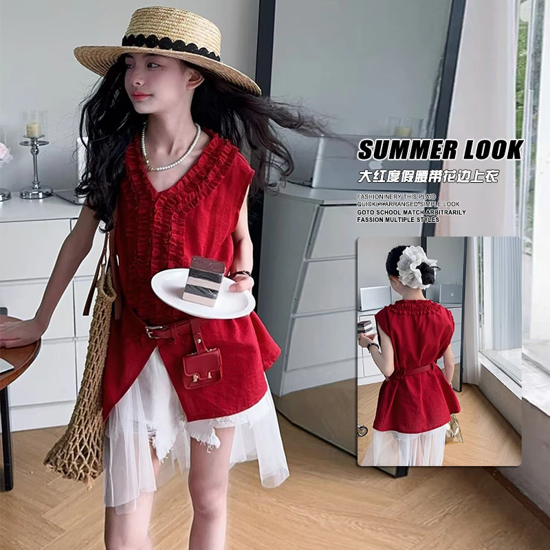 韩系女童夏日套装2025新款时尚V领高级感无袖背心复古宽松两件套