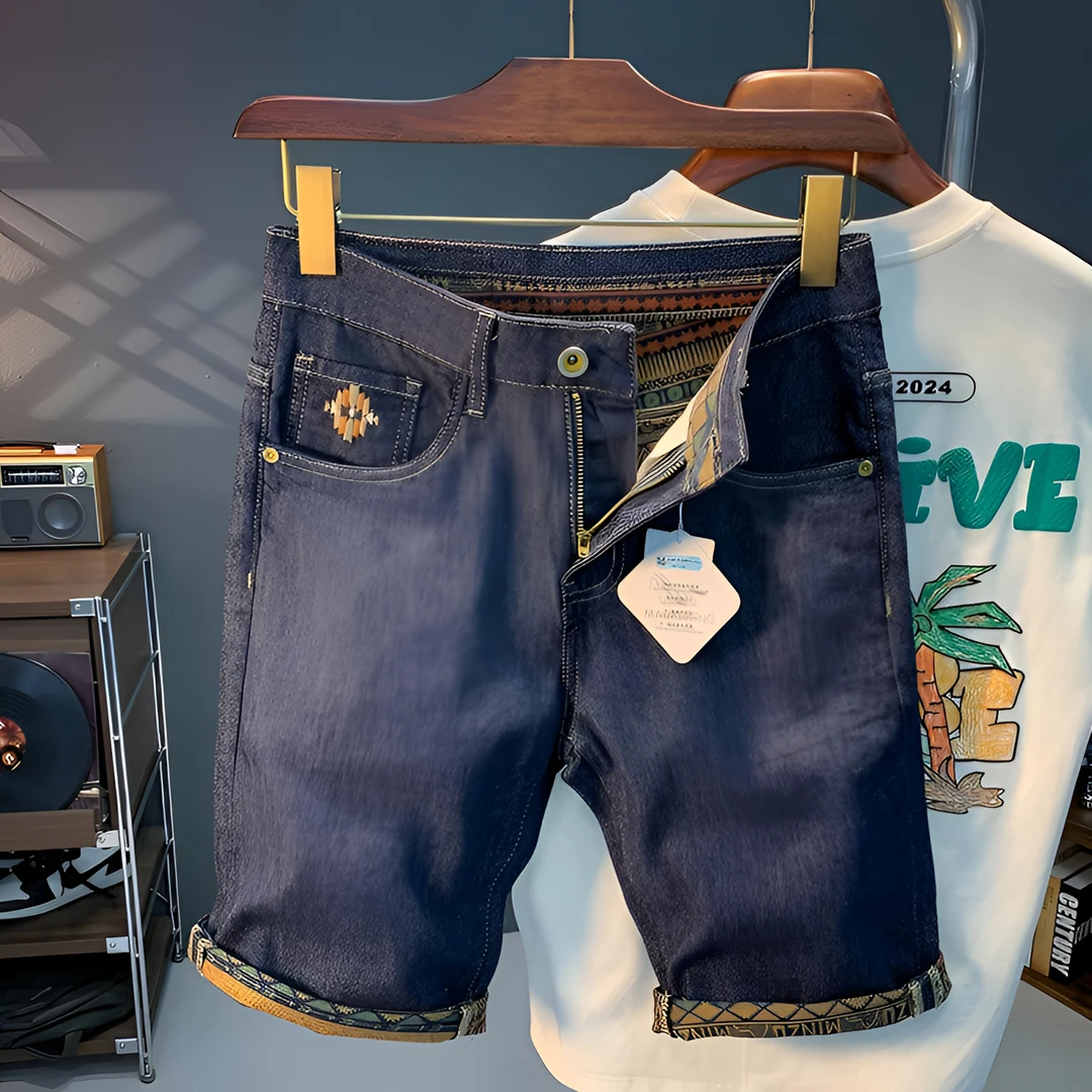 Cebrodz2025年夏季新款牛仔短裤男潮牌复古印花潮流刺绣直筒中裤