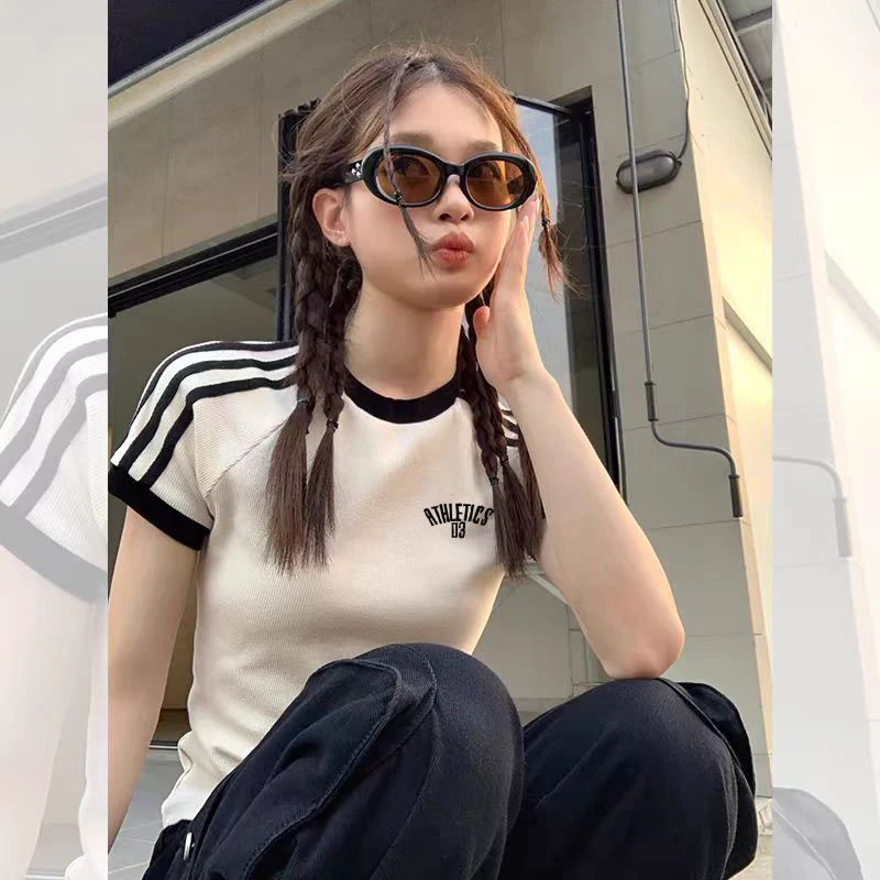 9019#条纹短袖t恤女夏季圆领时尚百搭修身显瘦白色体恤绣花短上衣