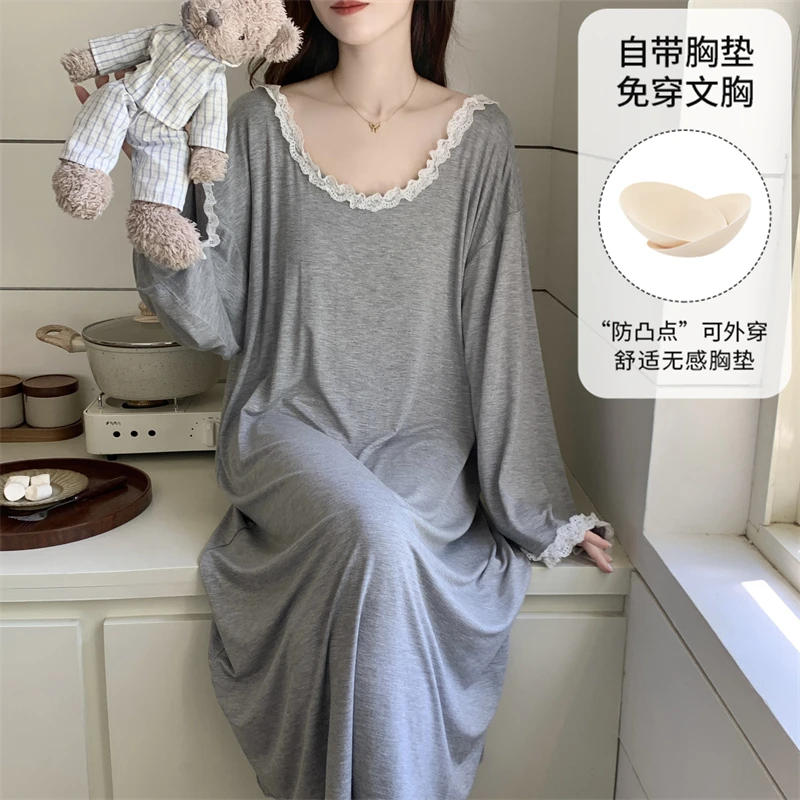 芯语婷春秋季新款灰色花边长袖睡裙女带胸垫甜美简约可外穿家居服
