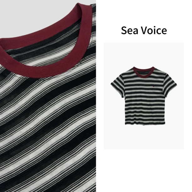 【瑾儿精选】洋气时尚小马刺绣显瘦撞色圆领条纹短袖上衣