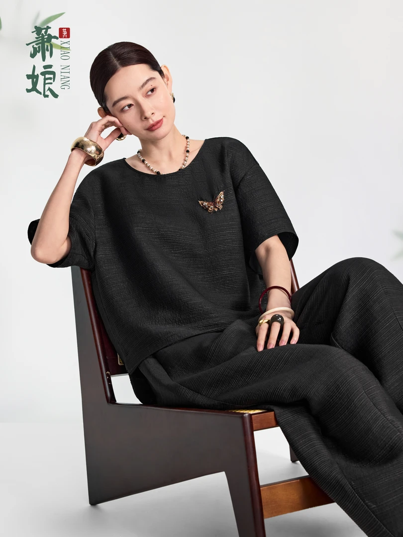 萧娘香云纱桑蚕丝上衣新中式国风上衣桑蚕丝黑色裤子时尚套装2529