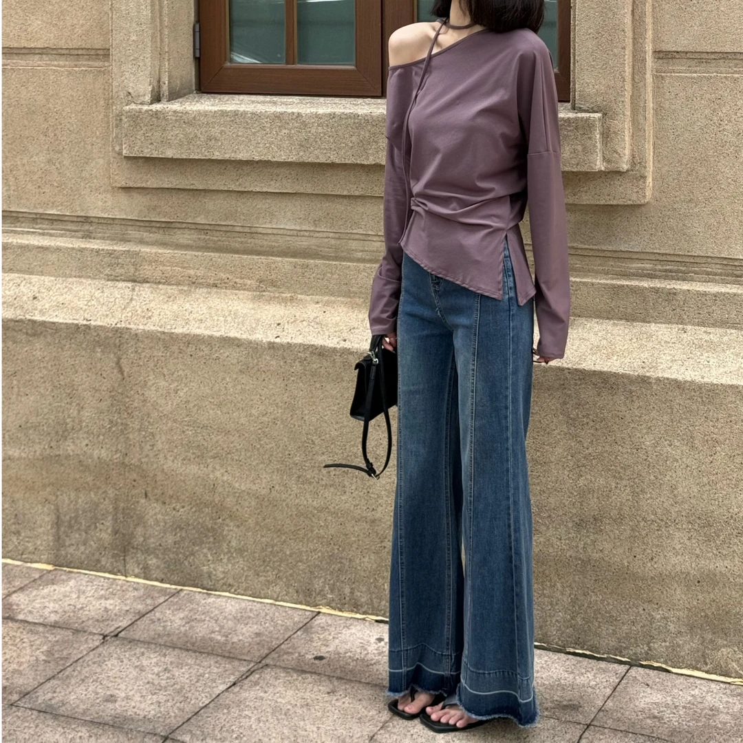 【福桃推荐】春季新款高腰显瘦直筒微喇叭牛仔裤