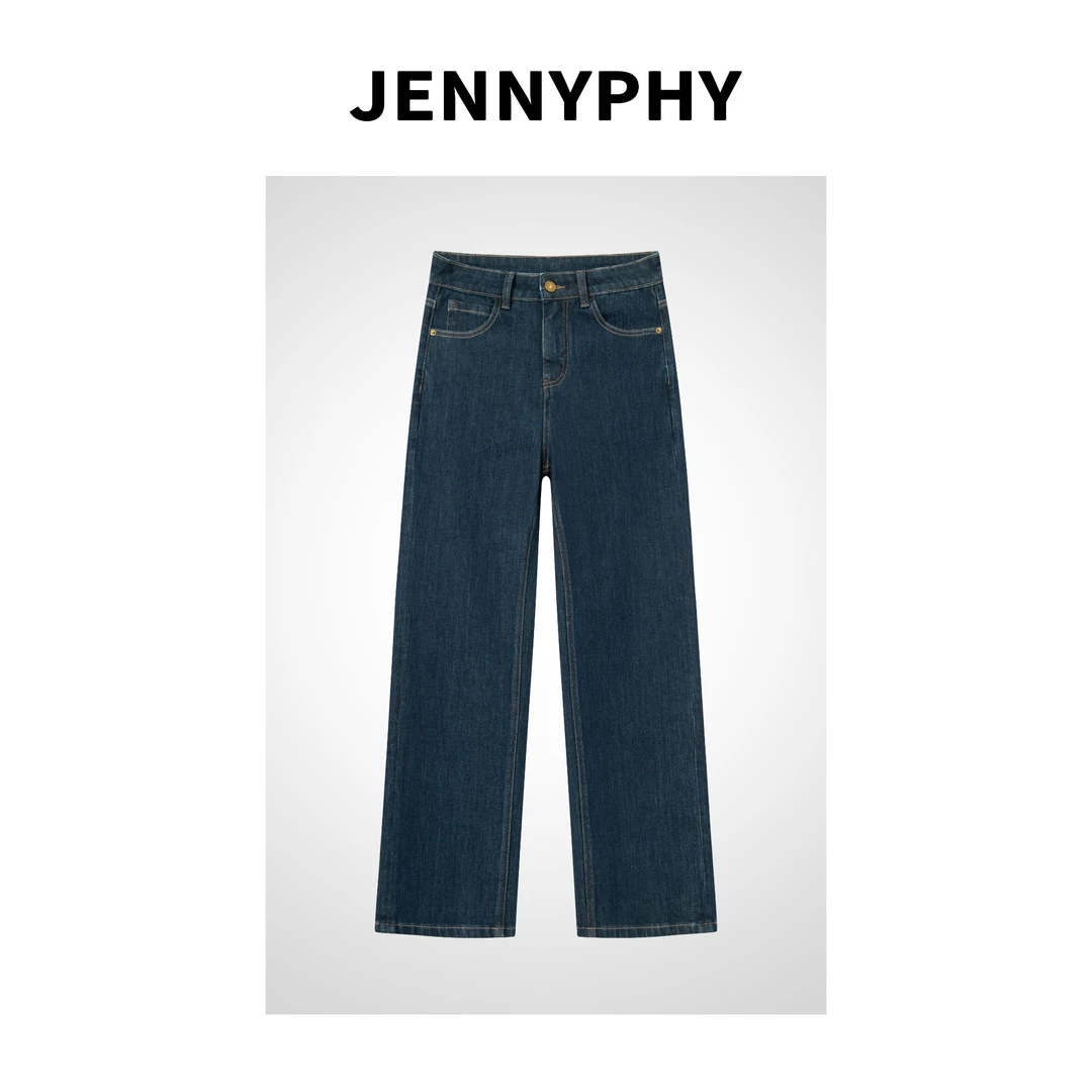 【JENNYPHY】混彩蓝加绒不掉色窄版A字直筒牛仔裤女#7257