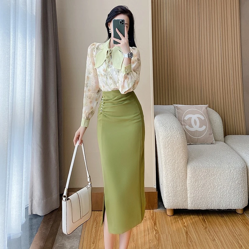 OL通勤时尚气质套装裙2024春装新款长袖衬衫包臀裙两件套御姐套裙