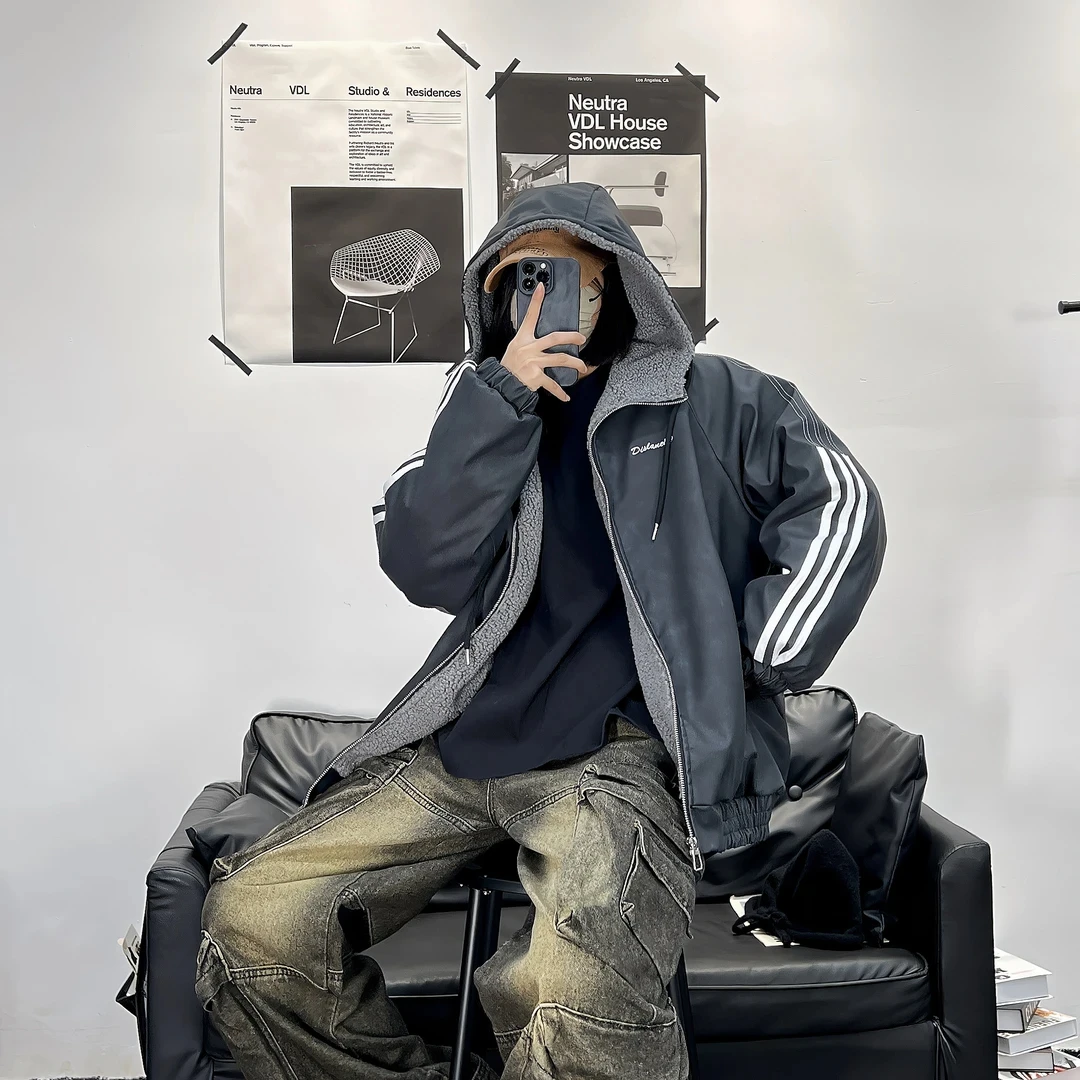 冬装美式情侣装美拉德PU皮棉服男女潮流三条杠羊羔绒内胆棉衣外套
