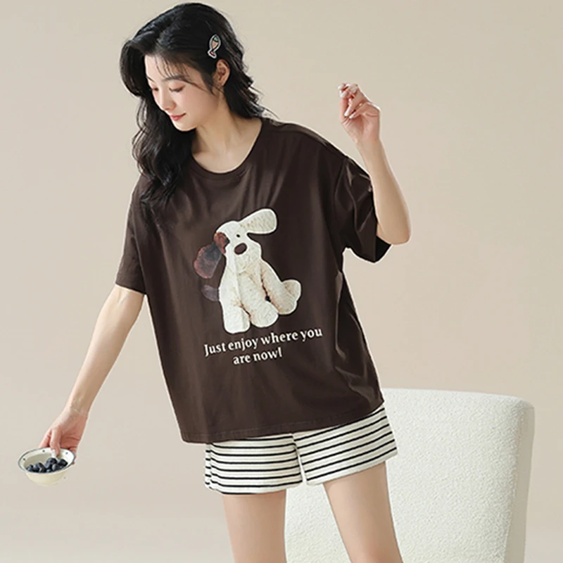 【50504】女士睡衣夏季薄款短袖宽松可爱卡通狗狗少女家居服套装