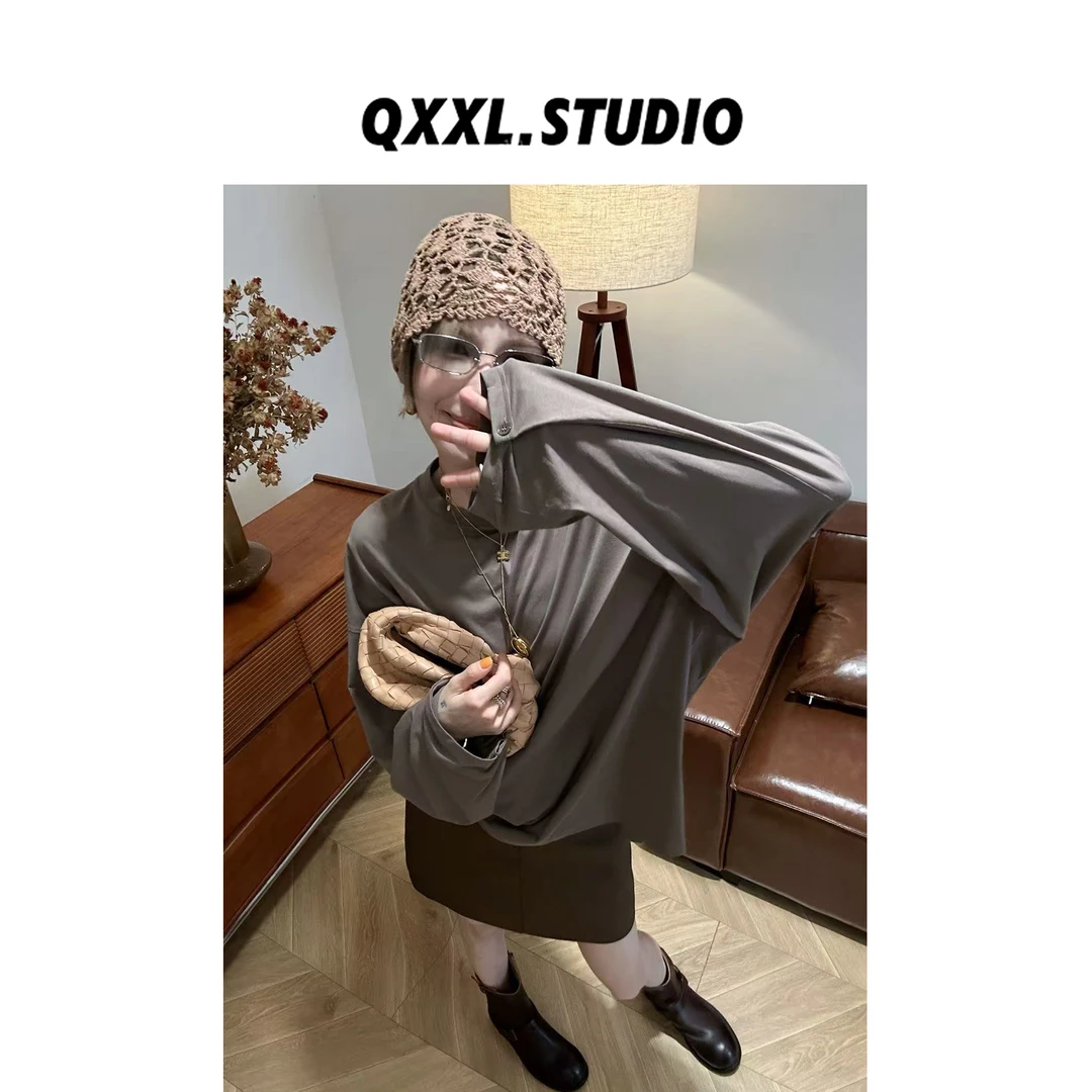 邱小小丽呀 早秋纯色长袖大版T恤女中长款宽松廓形打底薄上衣