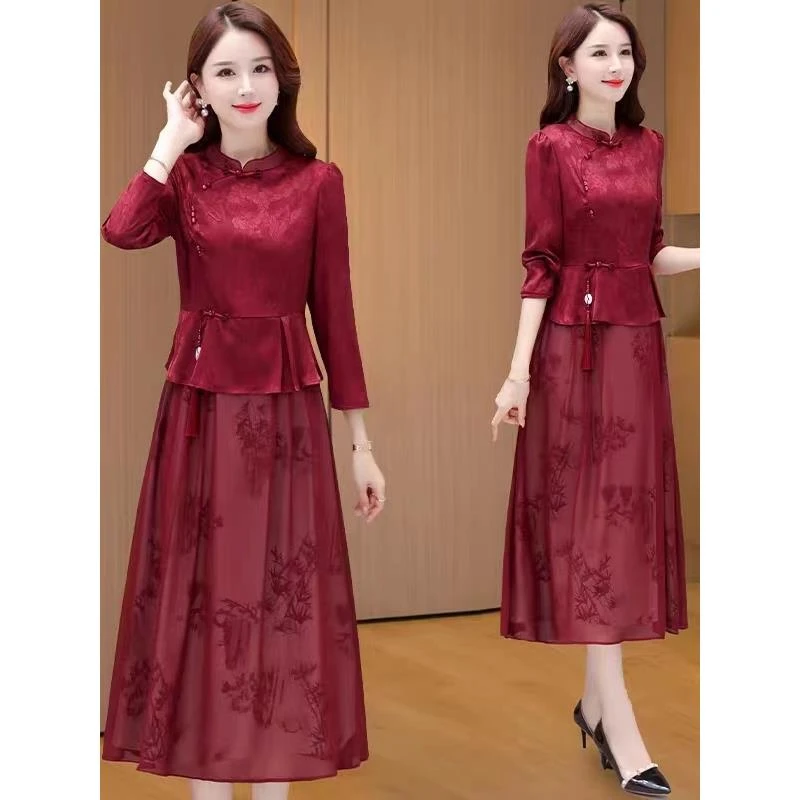 喜婆婆婚宴装旗袍女2025新款高档妈妈结婚十一长袖礼服裙子秋