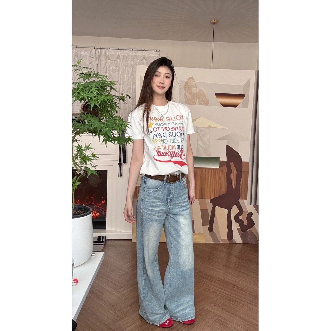 【饭困了】美式复古正肩圆领常规版‘Sailouti’英文印花女款T恤