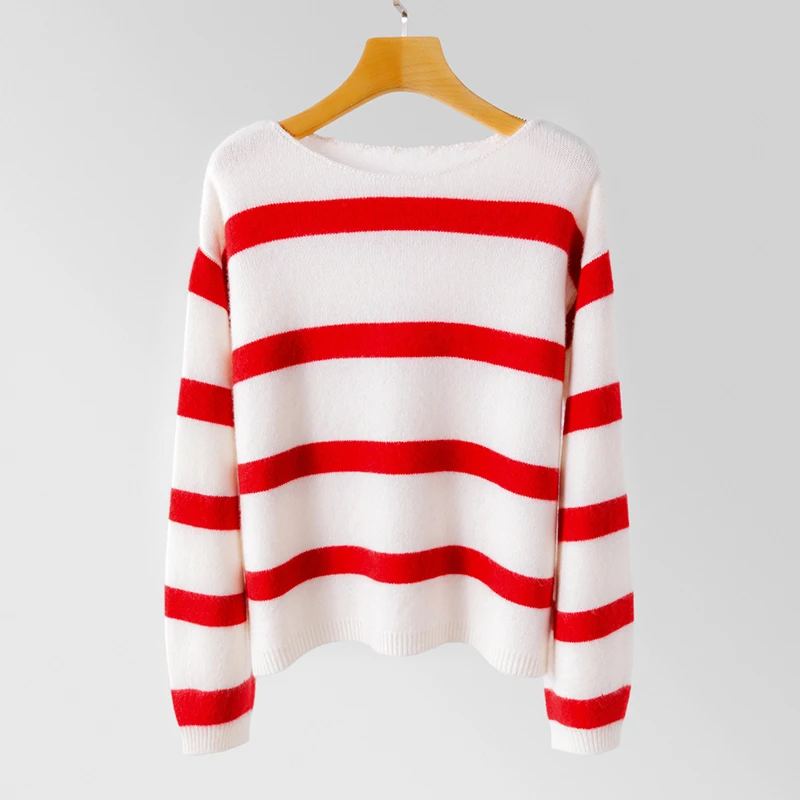 【不议价】女士340克纯山羊绒7针圆领时尚条纹双股针织长袖套头衫