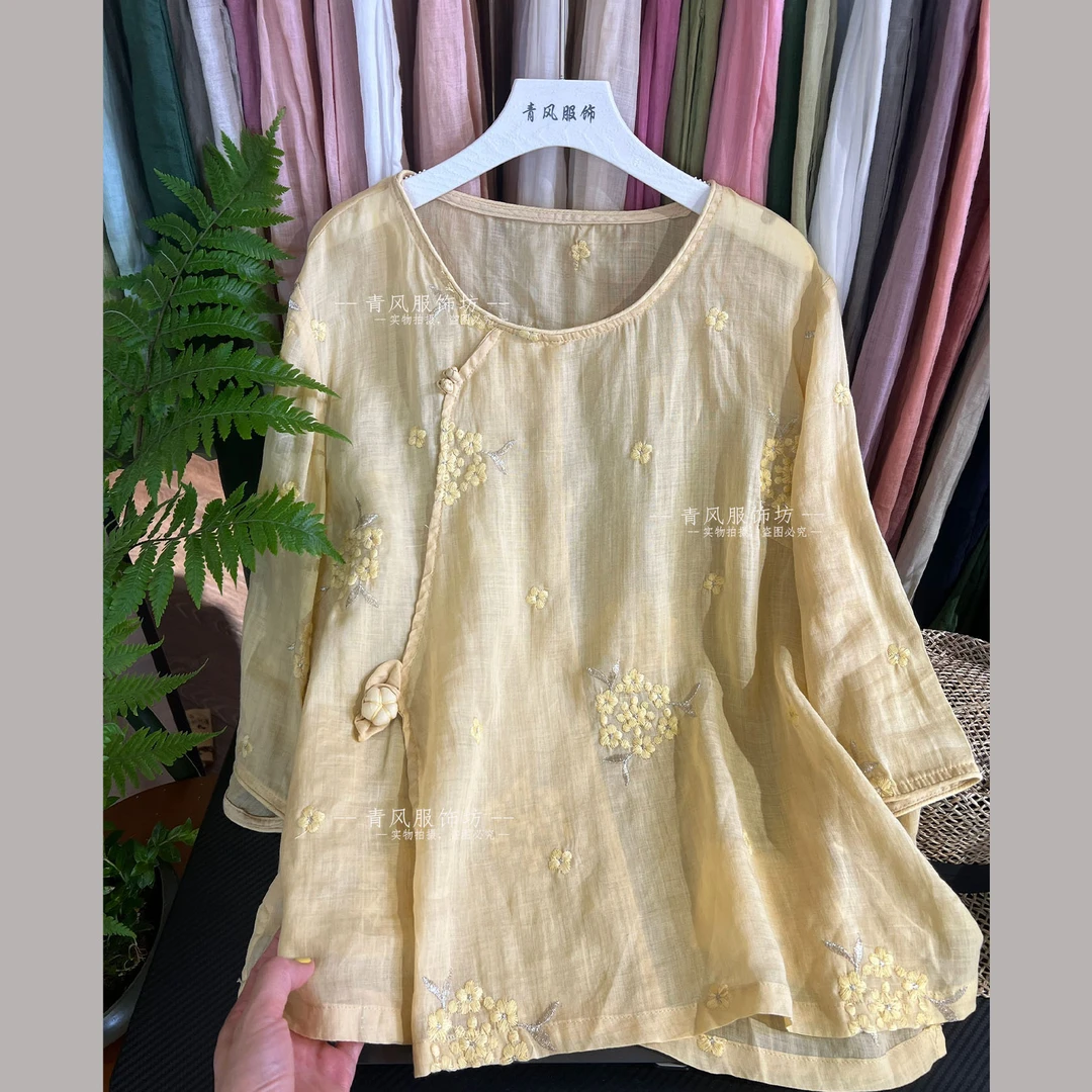 25109 苎麻手工女装刺绣女衬衫夏季时尚文艺刺绣/绣花圆领上衣