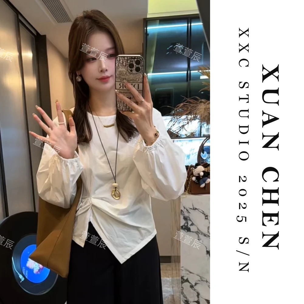 【轻巧白茶】独特漂亮小衫秋季纯色薄款设计感长袖衬衫女款外穿8721