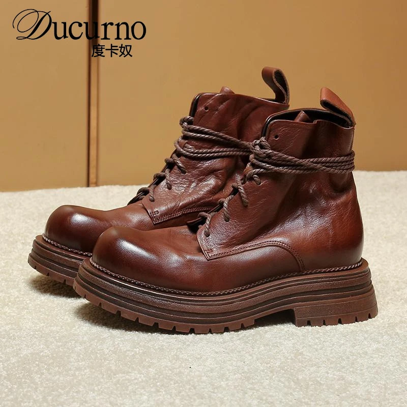 水洗马皮马丁靴女款2025新款英伦风真皮厚底增高系带复古机车短靴