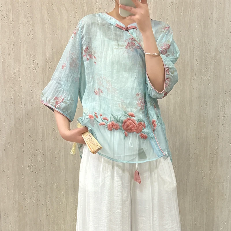 100%苎麻牡丹印花女装斜襟五分袖衬衫5099