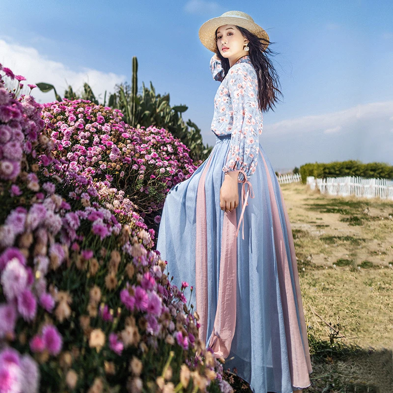 【现货】48复古立领偏襟开衫女夏季碎花雪纺拼色半身裙套装