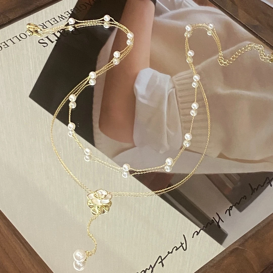 镀K金 山茶花 双层不可拆卸精致项链X7991