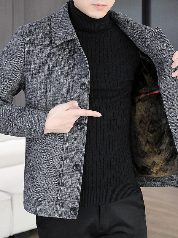 冠欧奥斯 秋冬季新款格纹毛呢夹克男士休闲加绒加厚呢子大衣外套