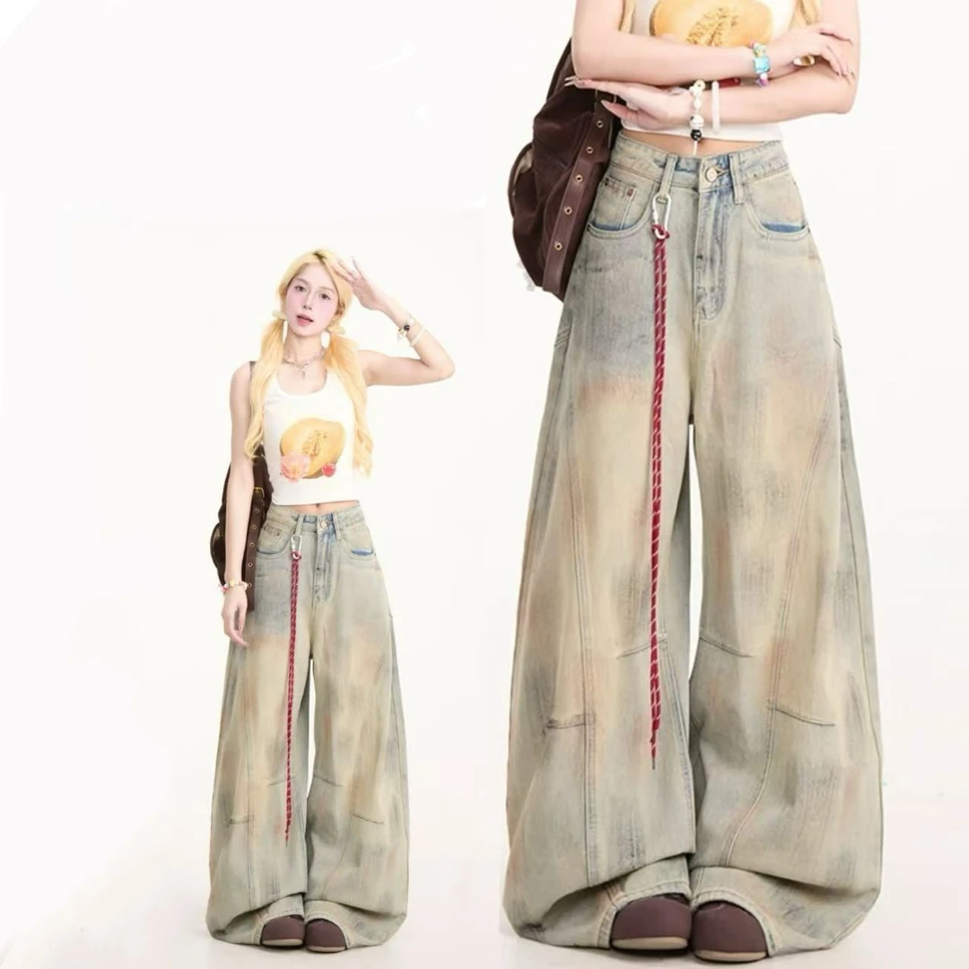 废土泥染弯刀牛仔裤男女美式做旧解构阔腿裤新款水洗休闲显瘦长裤