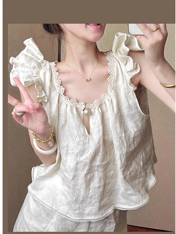 【DMXJ大梦想家】法式温柔甜美睡衣女夏季新款少女短裤家居服两件套