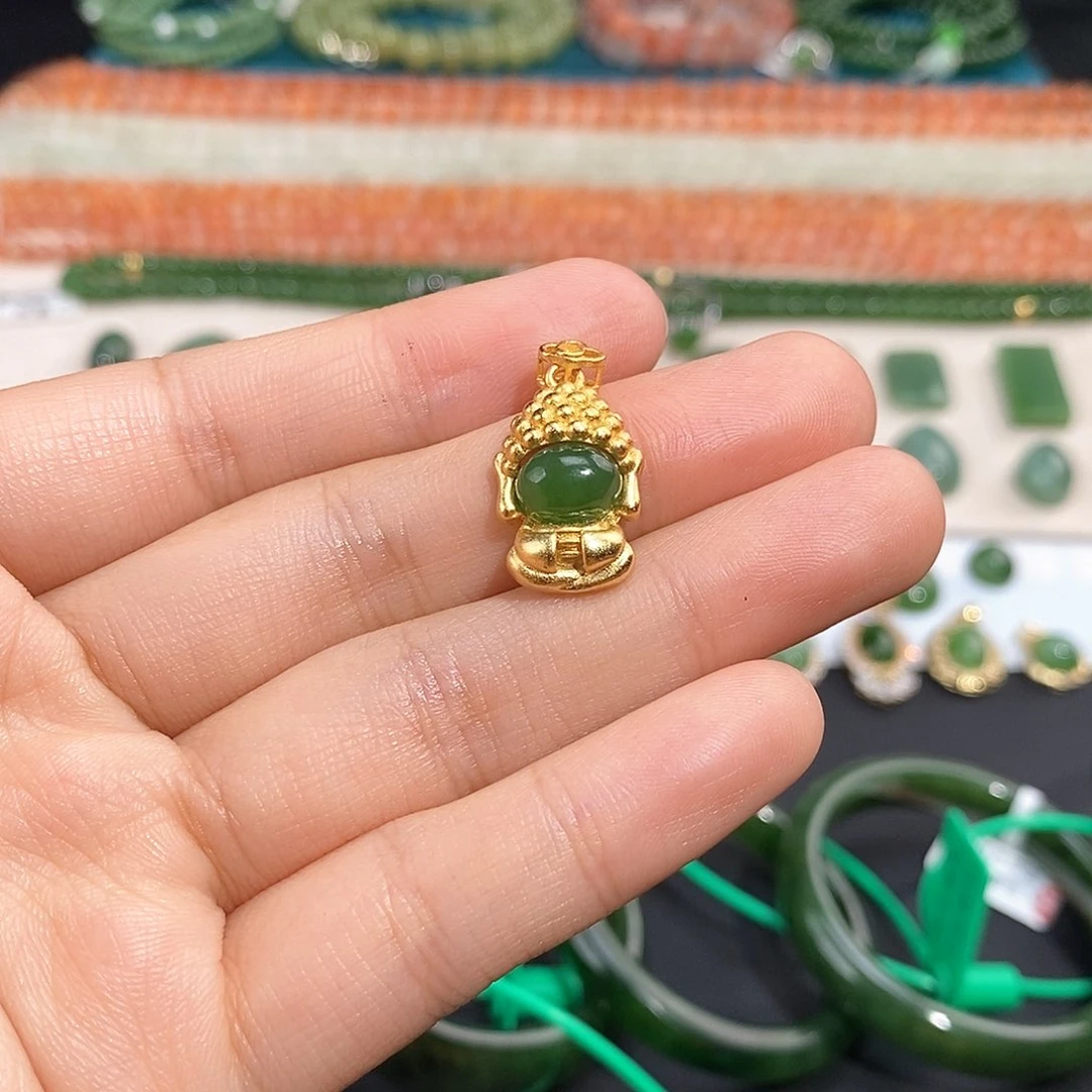 和田玉银S925镀金镶嵌吊坠(不含链)