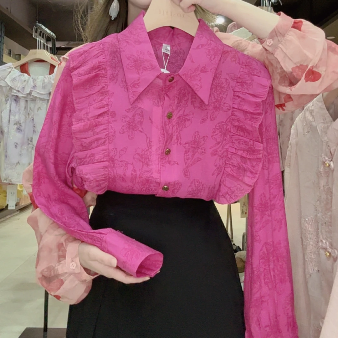 薄款Polo领长袖衬衫女2025秋季时尚减龄气质荷叶边设计小众衬衣