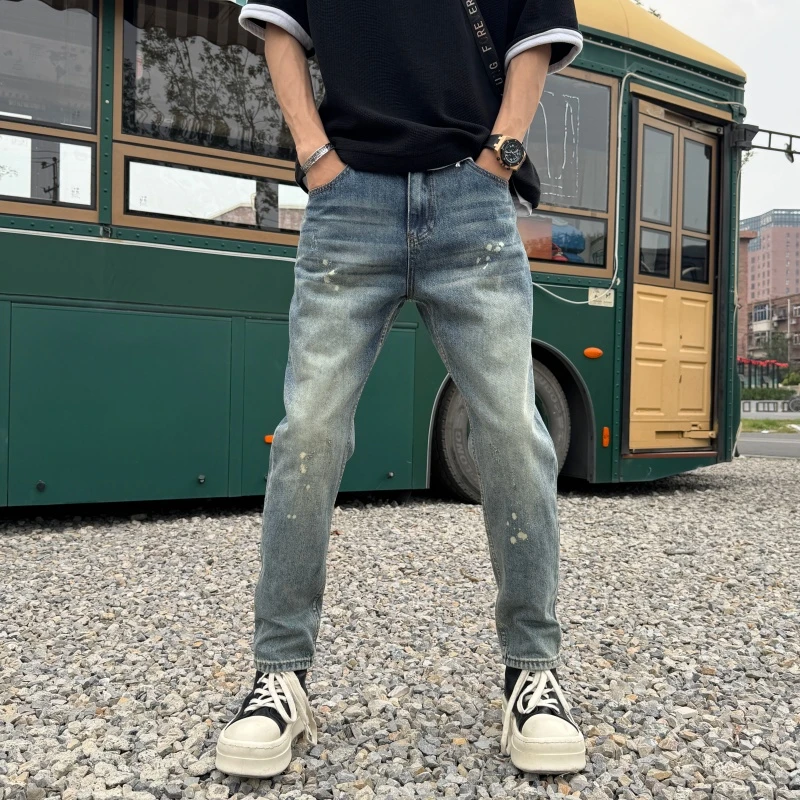 抓痕纯色复古牛仔裤新款男士潮流舒服活力流行休闲流光风男士抓痕