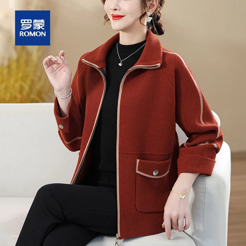 罗蒙中年妈妈秋装时尚毛呢子开衫外套新款中老年女装春秋夹克上衣
