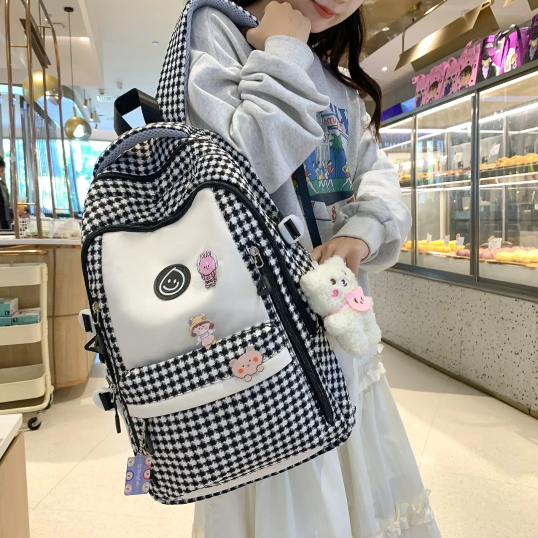高中生韩版千鸟纹双肩包书包女小学生三到六年级大容量初中生背包