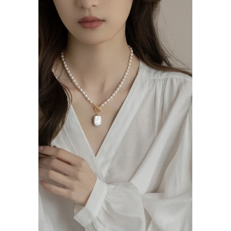 天然淡水珍珠OT扣方形巴洛克吊坠时尚气质百搭颈饰锁骨链A-LH0544