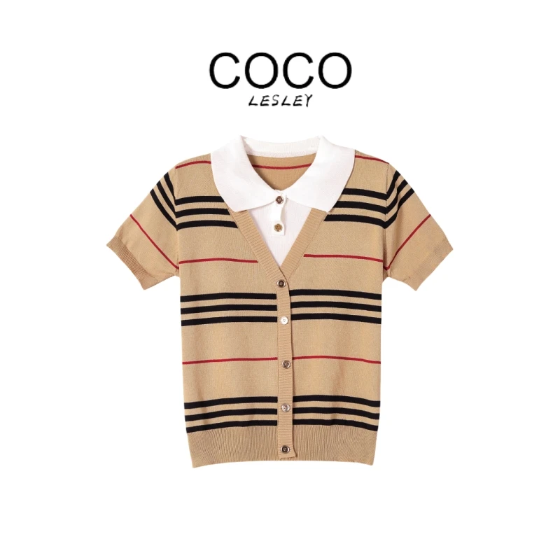 【COCO LESLEY】轻奢重工条纹毛衣针织POLO领针织衫时尚夏翻领格子