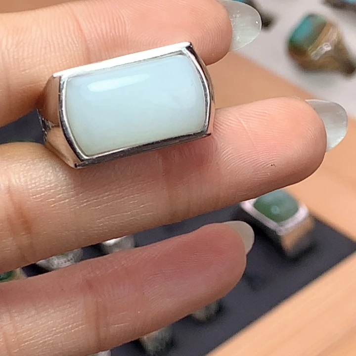 和田玉（白玉）戒指银S925镶嵌泽*