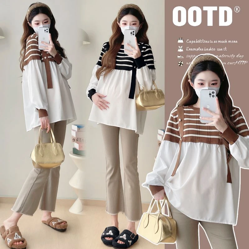 新款2025孕妇春秋款甜美宽松长袖娃娃衫减龄百搭条纹拼接孕妇上衣
