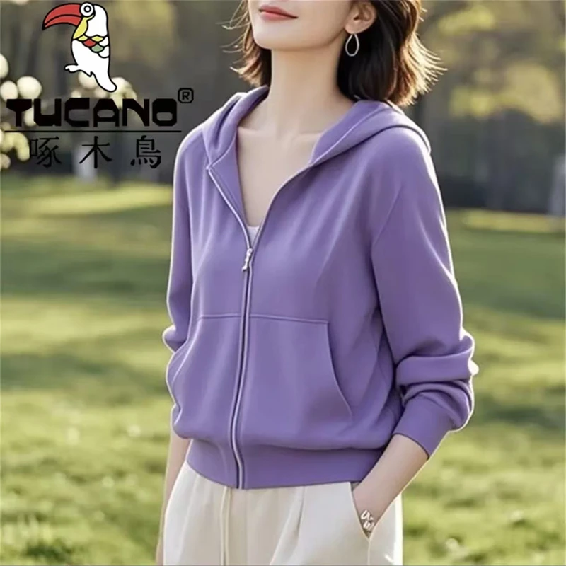 啄木鸟新款遮肉拼接设计简约外套女春秋加厚外穿长袖连帽纯色卫衣