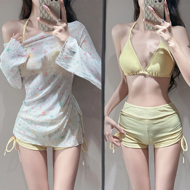 女士分体女款三件套长袖防晒小清新星星甜美冰丝高颜值女士比基尼
