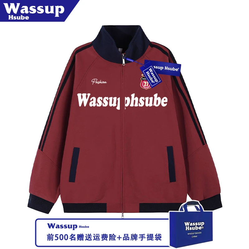 WASSUP HSUBE盾标英文印花外套秋冬季加绒拉链开衫潮牌男女款卫衣