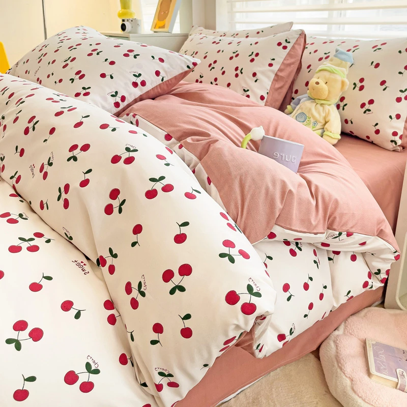 樱桃图案床上四件套粉色被子床单枕套三件套可爱少女心兰知春序
