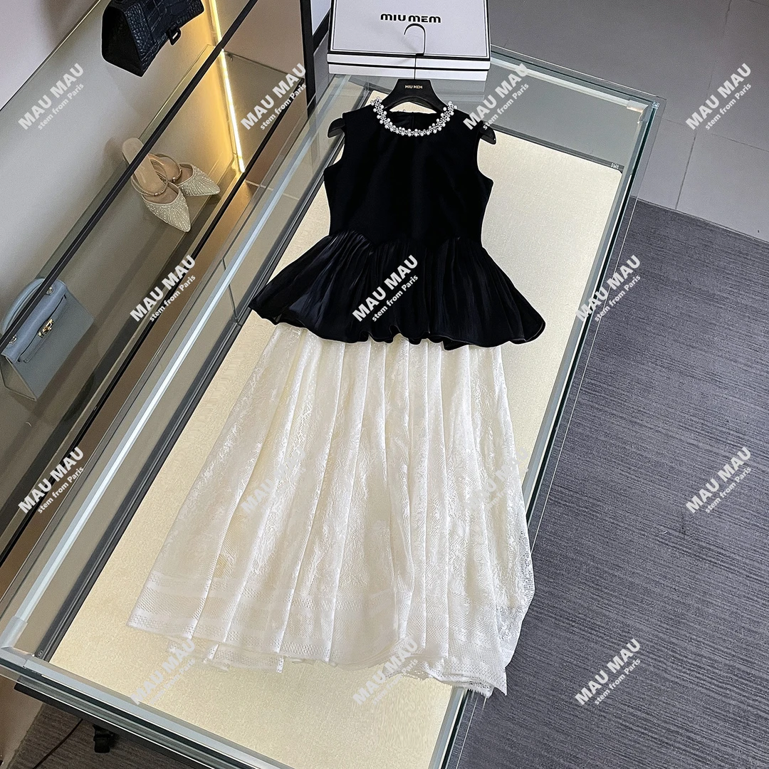 夏季新款钉珠圆领无袖马甲白色长裤半身裙套装DY7309