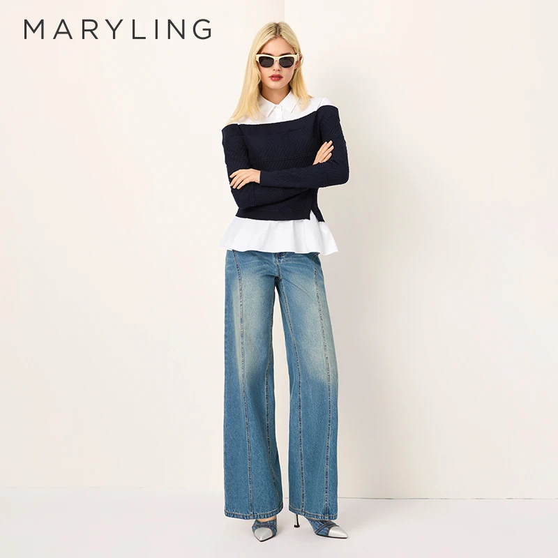 MARYLING玛俪琳2025初春新品时尚蓝白撞色收腰针梭上衣A1FAW26030