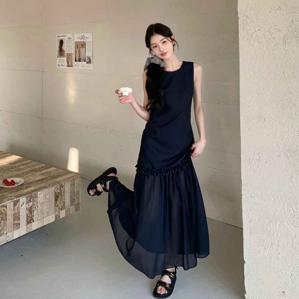 黑色气质蕾丝拼接无袖背心连衣裙女夏季法式风情万种显瘦及踝长裙