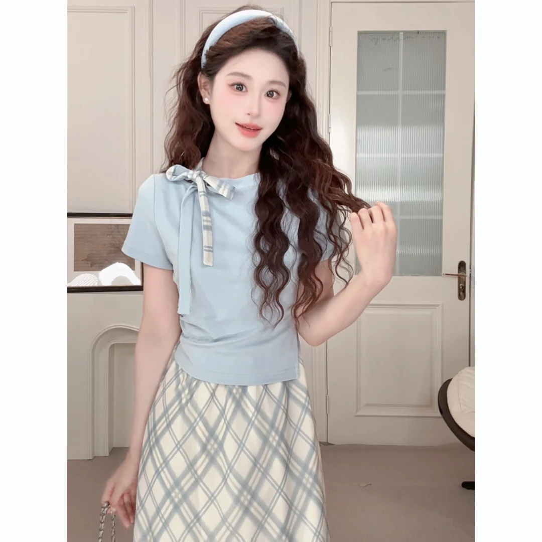 【翩翩少女】MOMO法式假两件连衣裙气质复古高腰格子A字显瘦设计感